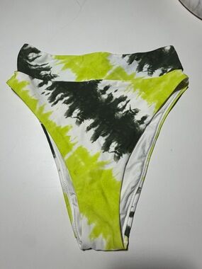 Aerie High Waisted High Cut Cheeky Neon Yellow Black Tie Dye Bikini Bottom - Lg